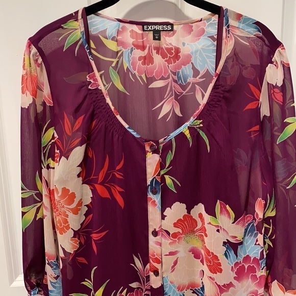 Express Floral Sheer Belted Button Down Shirt Dress EUC - Picture 5 of 10